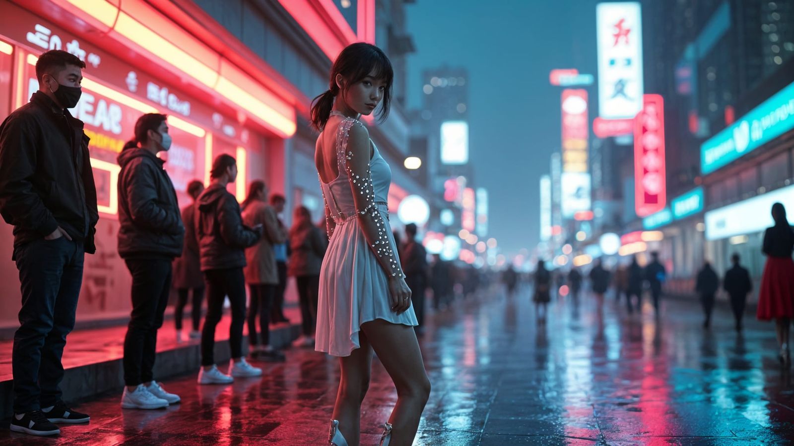 Cyberpunk Asian Girl in Futuristic City at Night