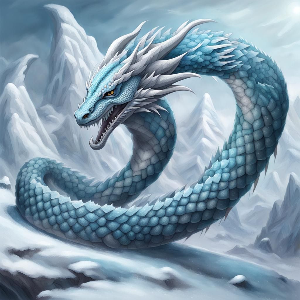 Icy Dragon Serpent in Frozen Landscape