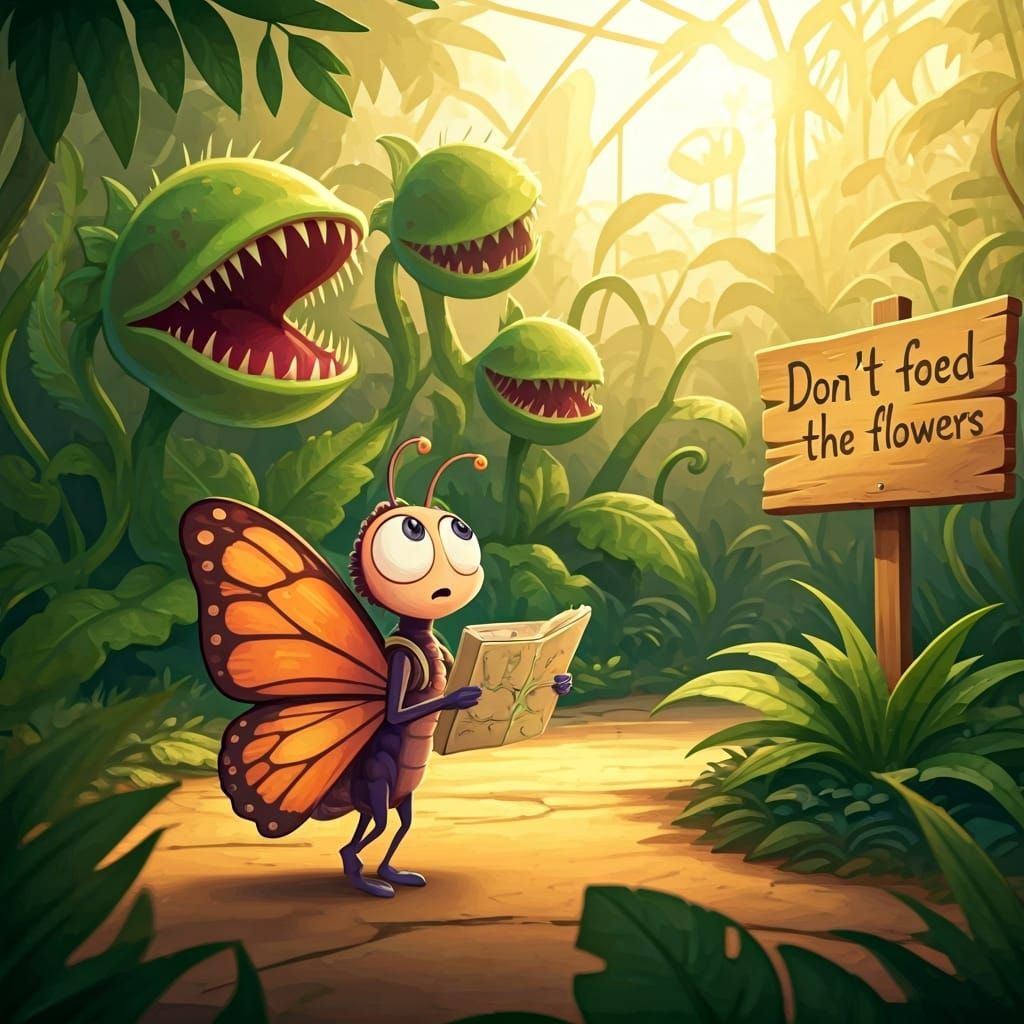 Bewildered Butterfly in a Cartoon Zoo Exhibit