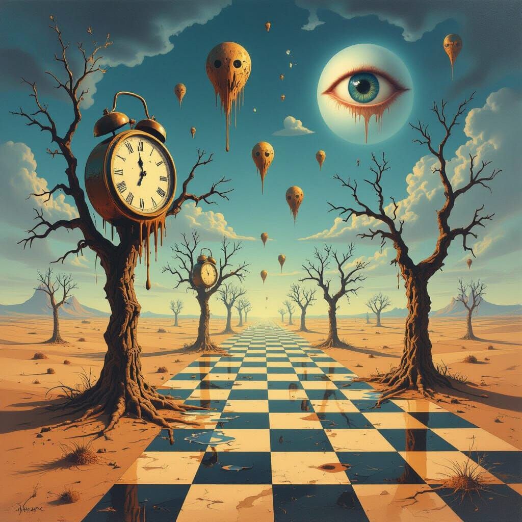 Surreal Dreamscape: Melting Clocks Drip Under Watchful Eyes