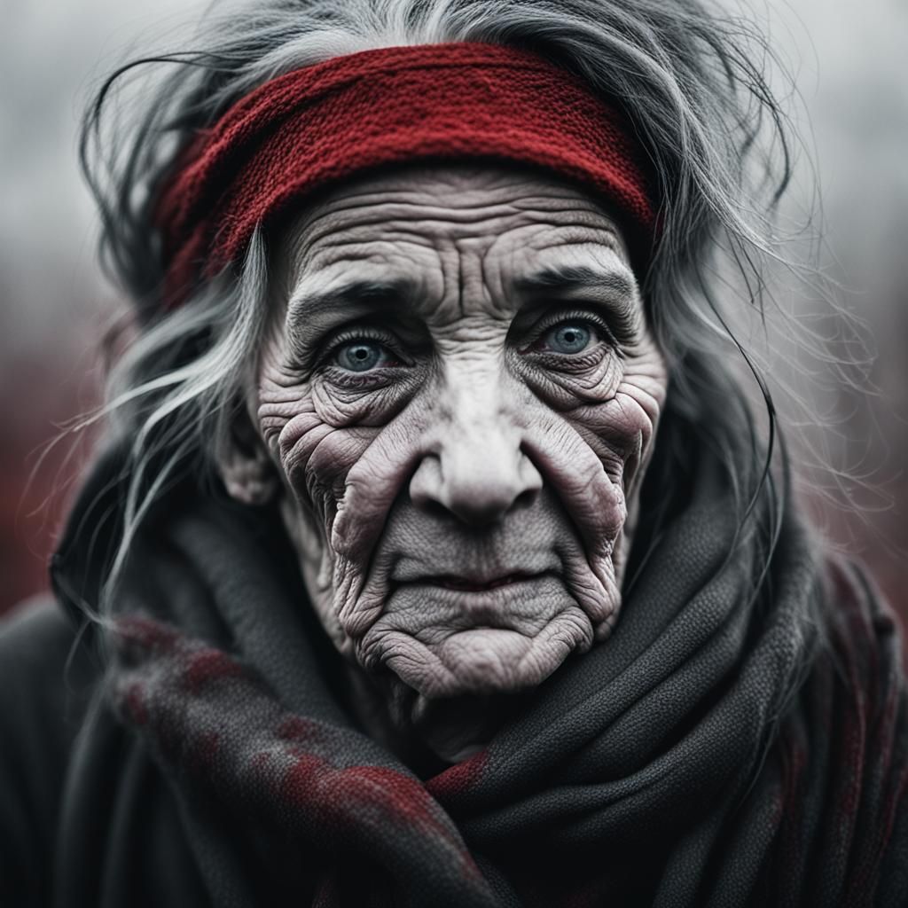 Monochrome Portrait of an Old Woman in Red