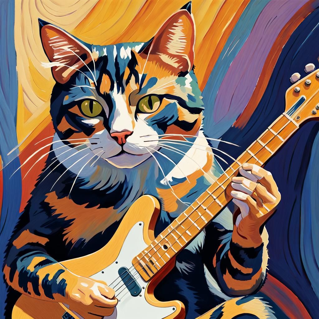 Calico Cat Guitarist: Fauvist Expressionism in Bold Colors