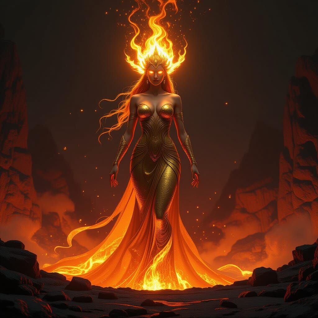 Golden Goddess Rising from Volcanic Fire