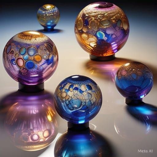 Vibrant Glass Spheres on a Reflective Surface in Modern Abst...