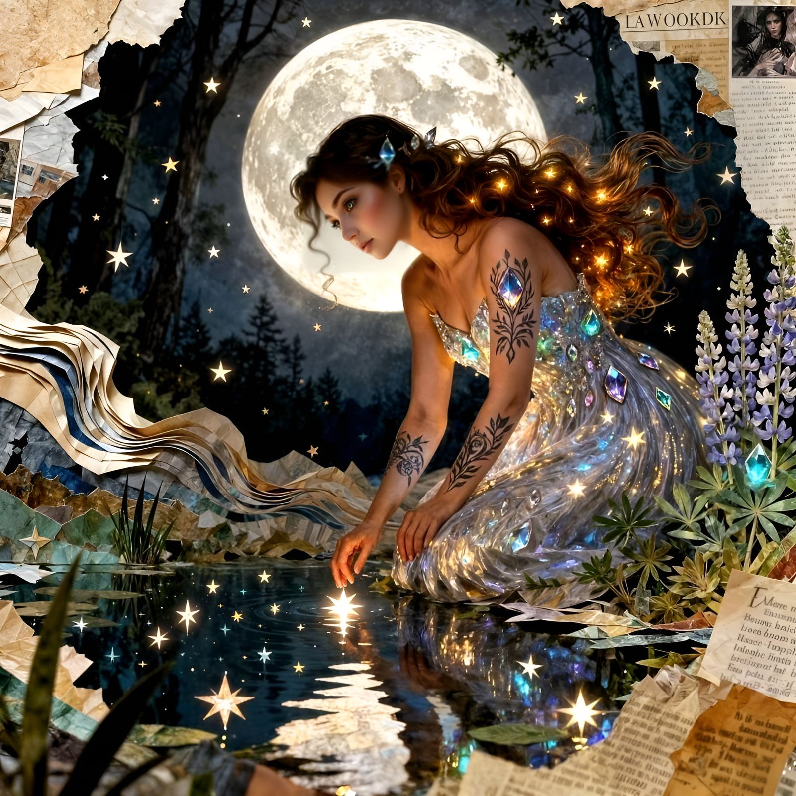 Paper Collage Witch Gazing at Starry Lake
