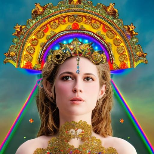 Goddess of Love in Rainbow Dress: Photorealistic Digital Art