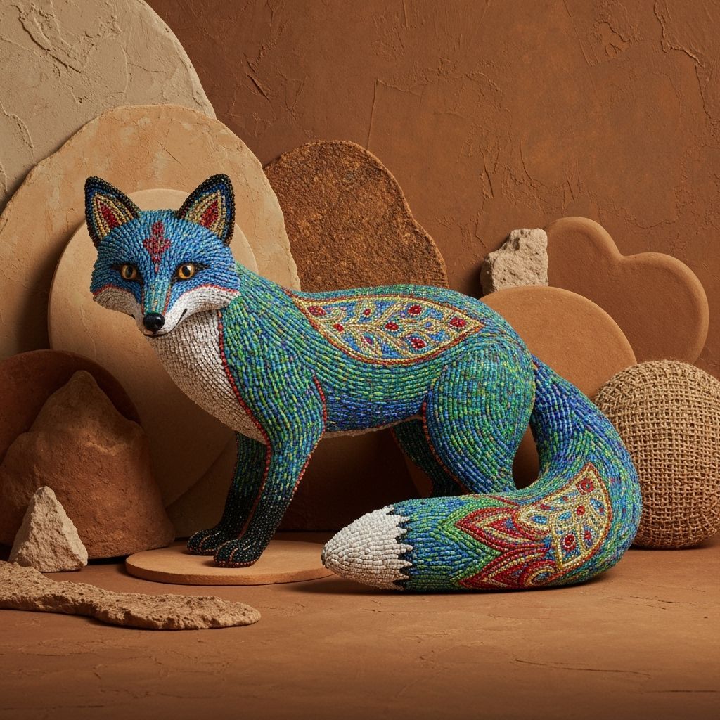 Bead-Encrusted Fox with Intricate Patterns