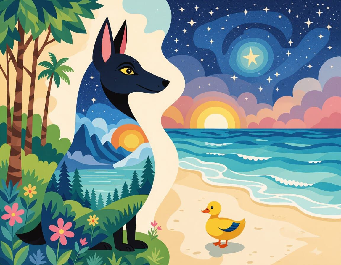 Surreal Anubis Landscape Dreamscape in Aquarelle Patchwork