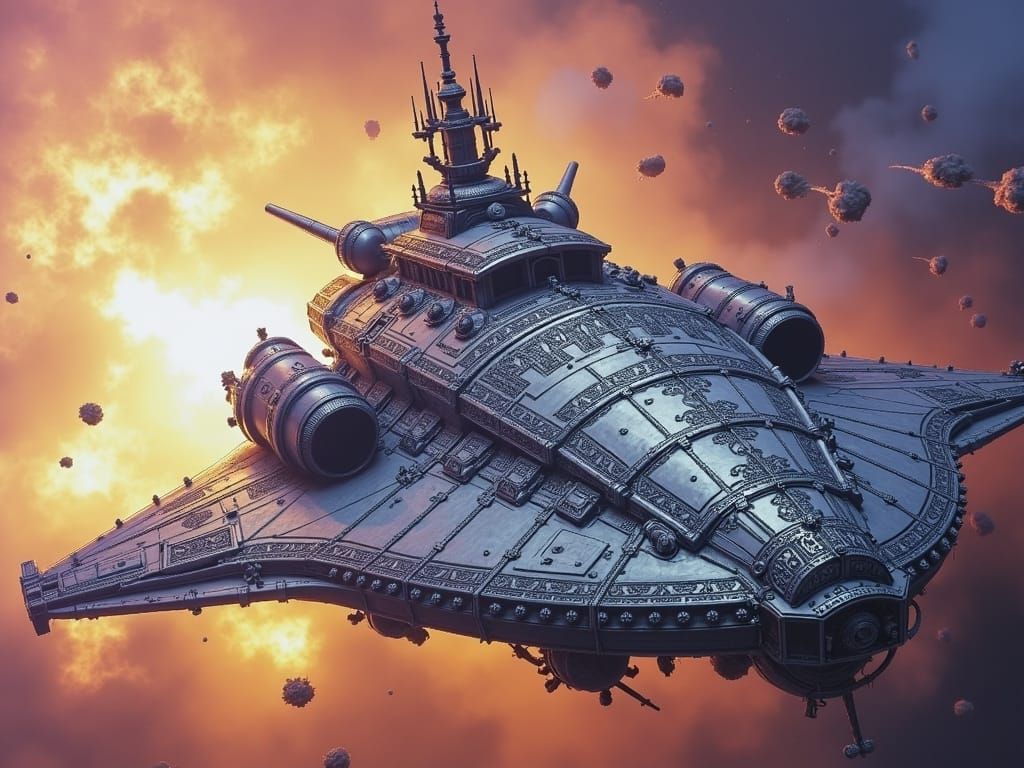 Gothic Warhammer Spaceship Soaring Through Grim Darkness