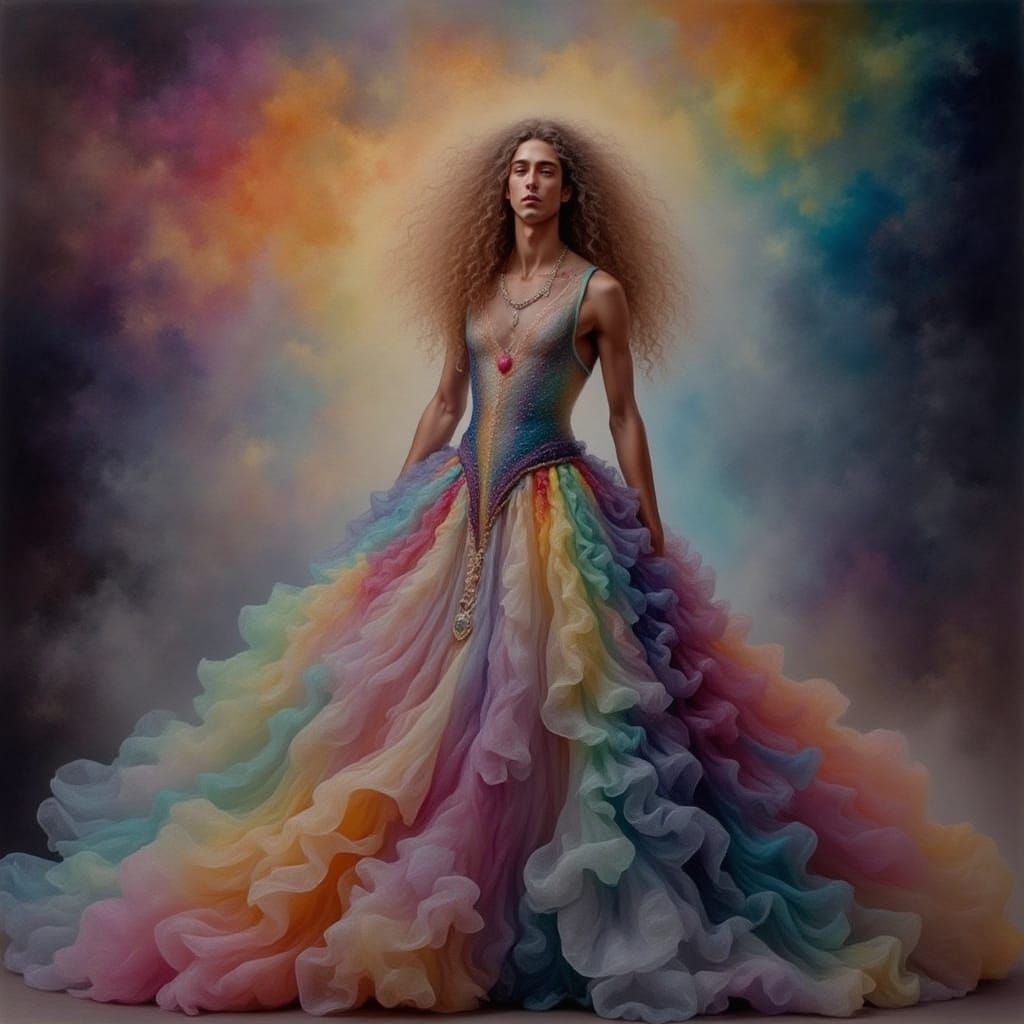 Rainbow Haired Man in Watercolor Dress
