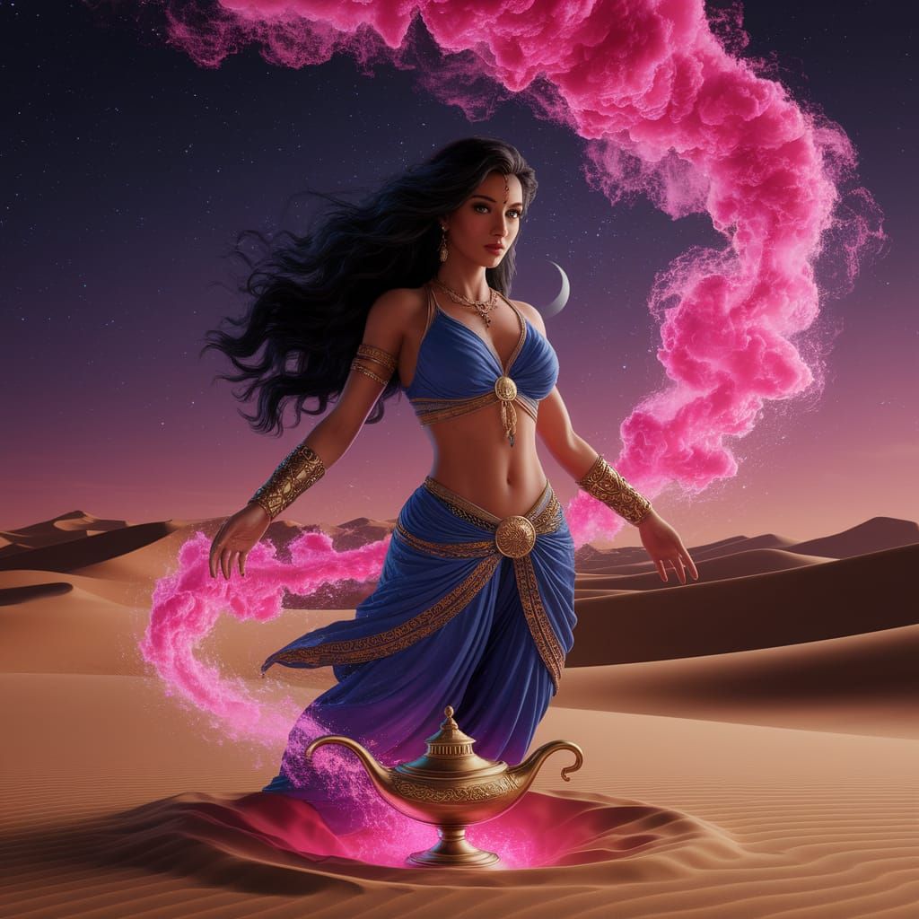 Desert Genie with Magic Lamp in Detailed Painting