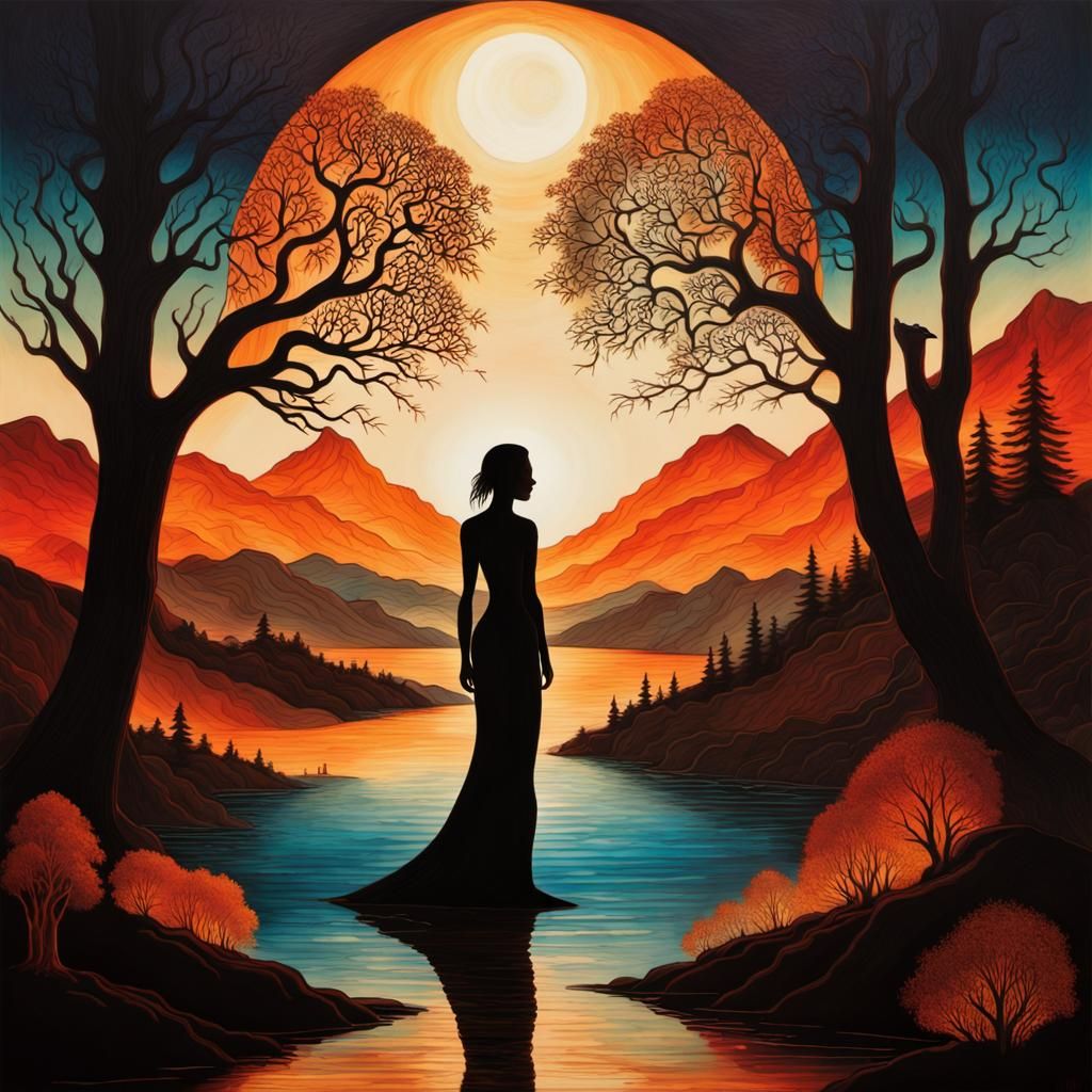 Shadow Figure in Vivid Landscape: Pyrography Art