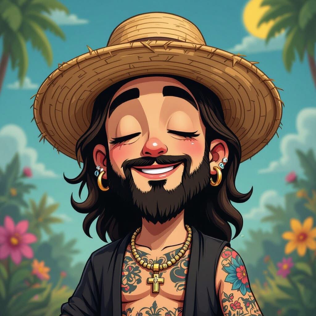 Cartoon Jesus with Tattoos in Whimsical Style