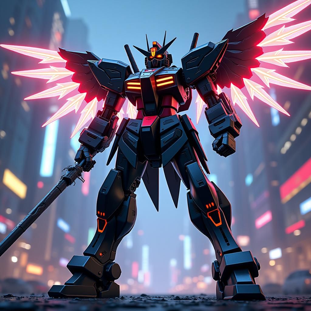 Gundam Exia Phoenix Armor in Quantum City, Sci-Fi Art
