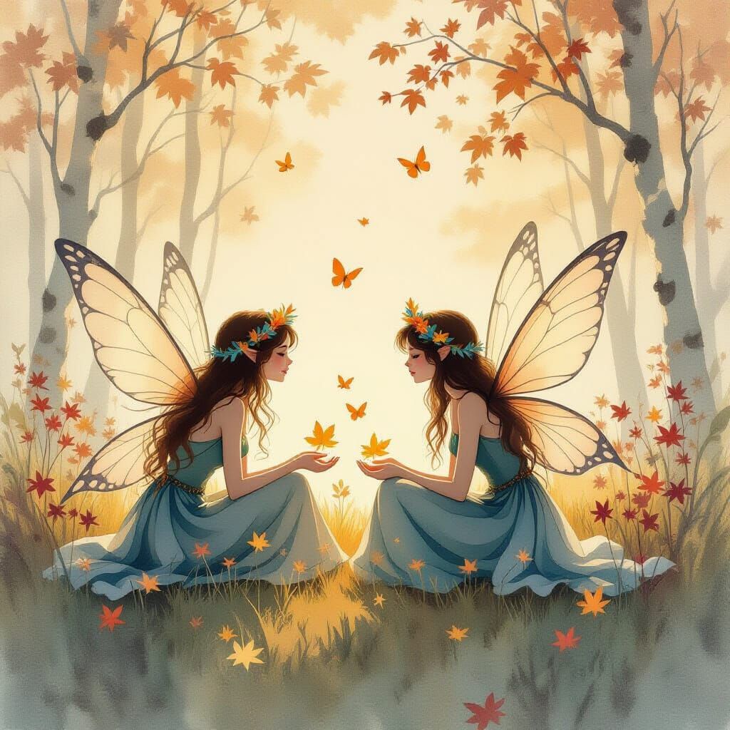 Fall Fairies in Warm Gradient Light, Arthur Rackham Watercol...