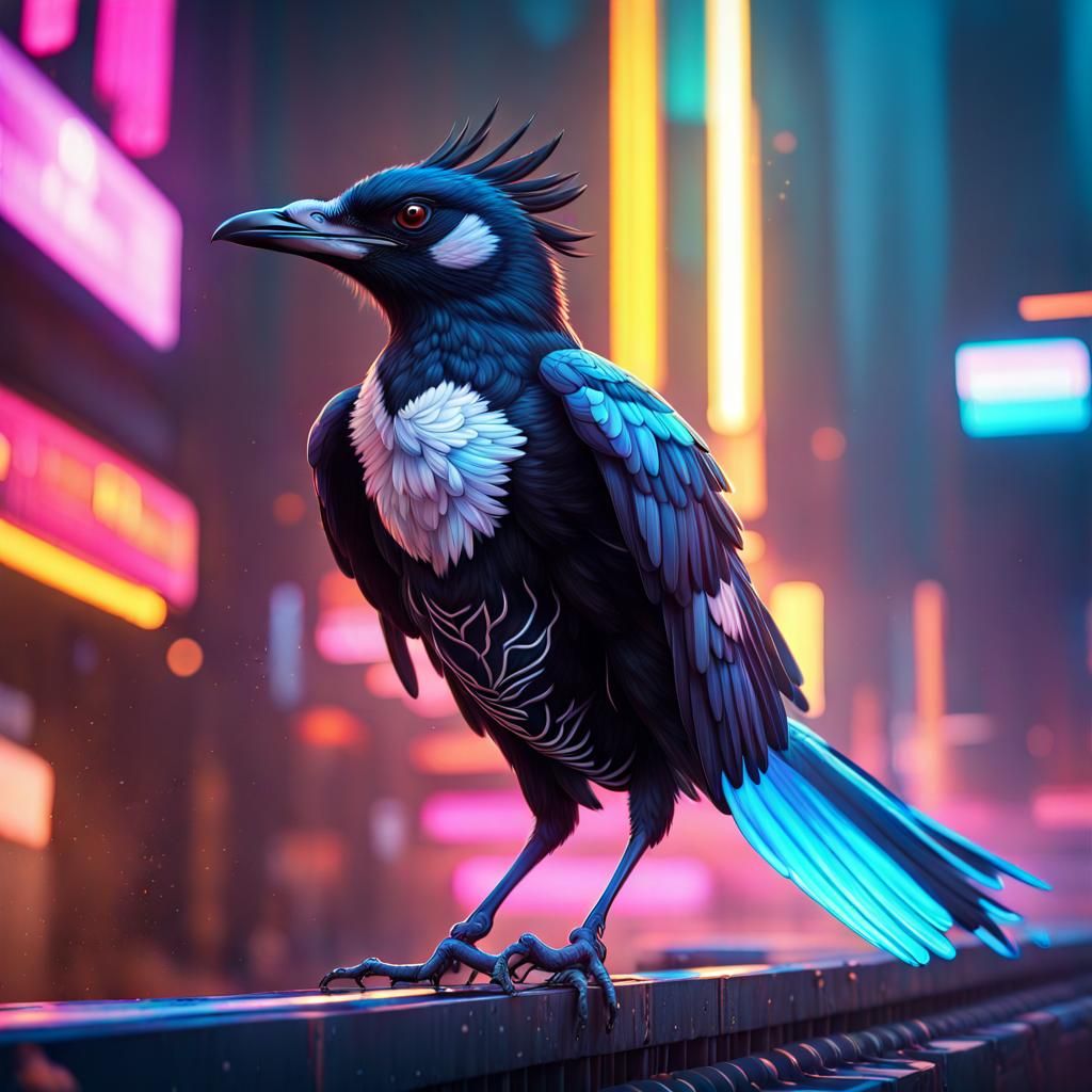 Magpie Bird Ascending on Music in Cyberpunk Style