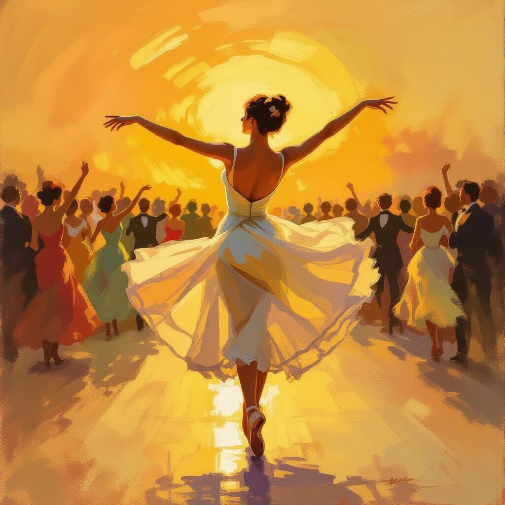 Dancer in Golden Hour Glow, Painterly Impressionist Style