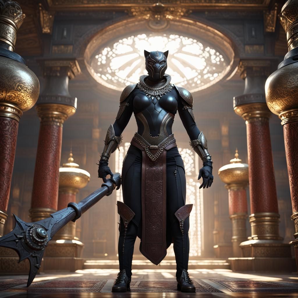 Black Panther Humanoid in Temple, Dark Fantasy Art