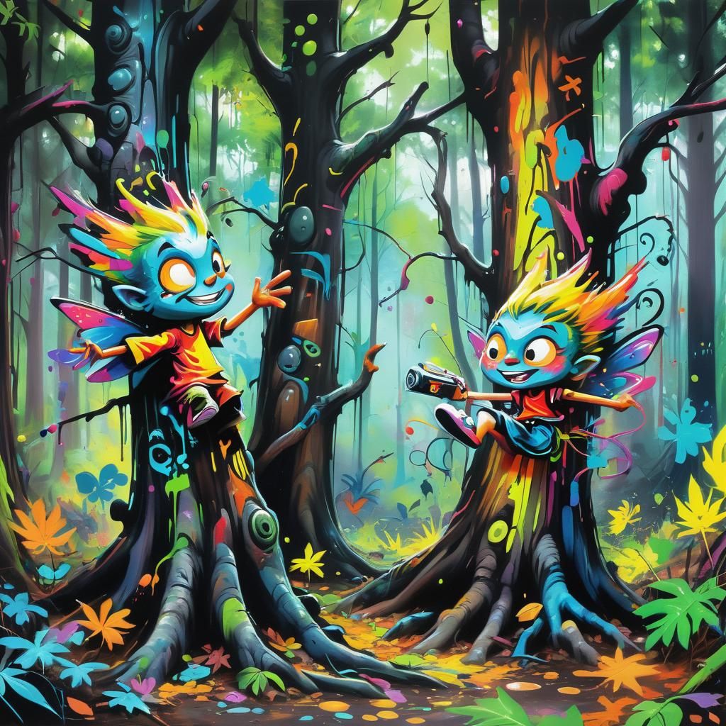 Pixies Play in Forest: Graffiti Street Art
