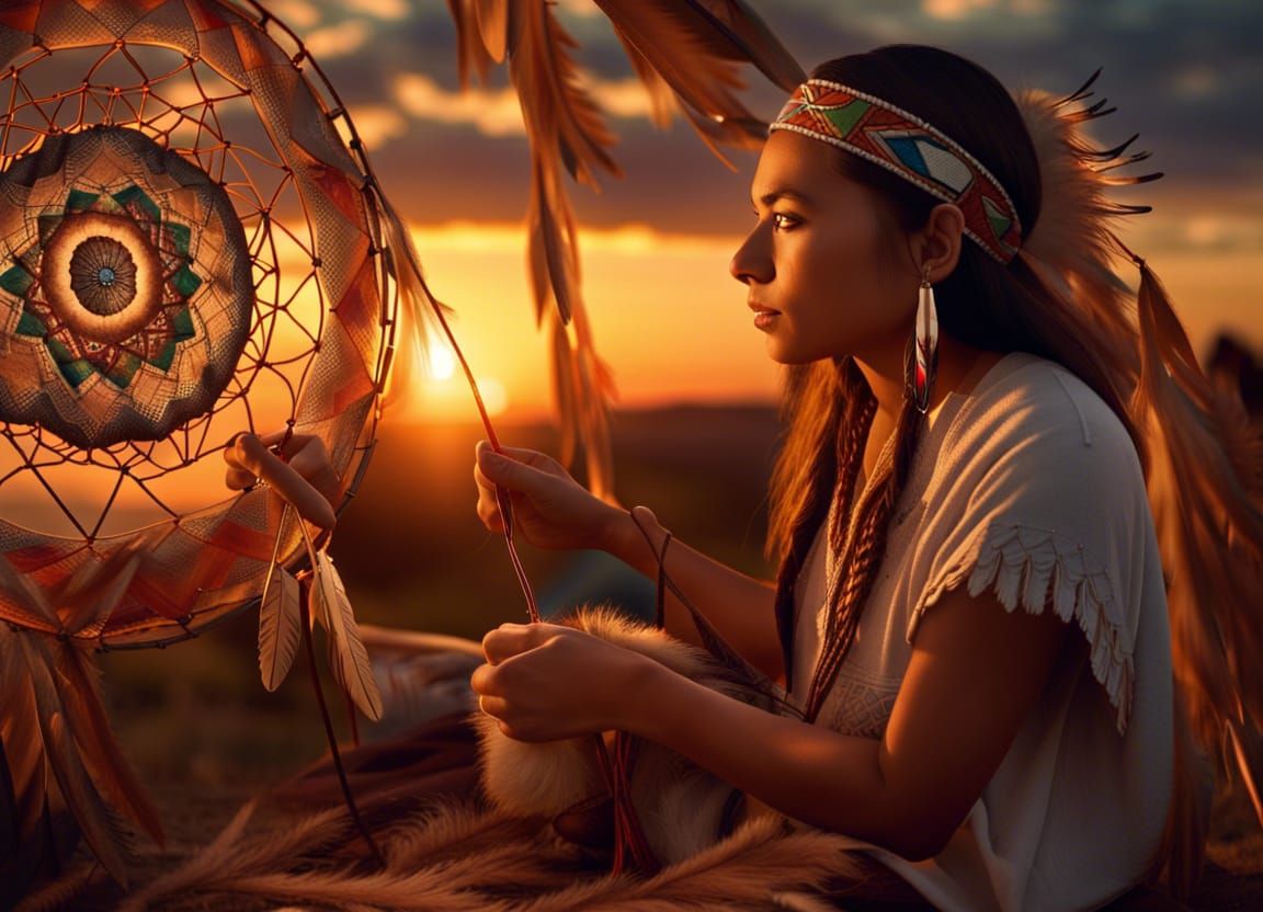 Native American Woman Making Dream Catcher at Sunset