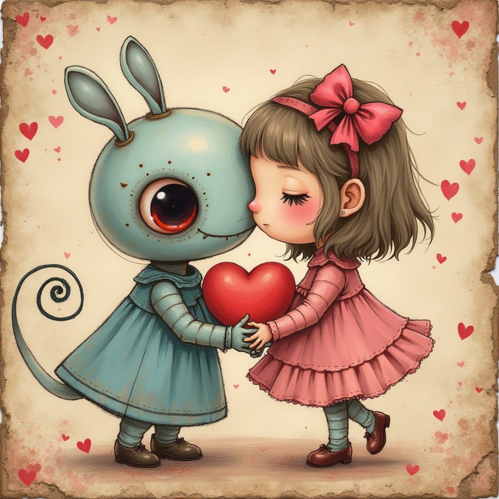Kawaii Cyborg Valentine Art on Aged Paper