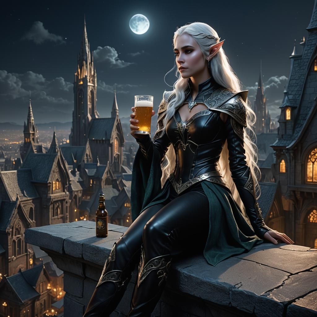 Elven Woman Contemplates Metropolis Lights in Cyberpunk Styl...