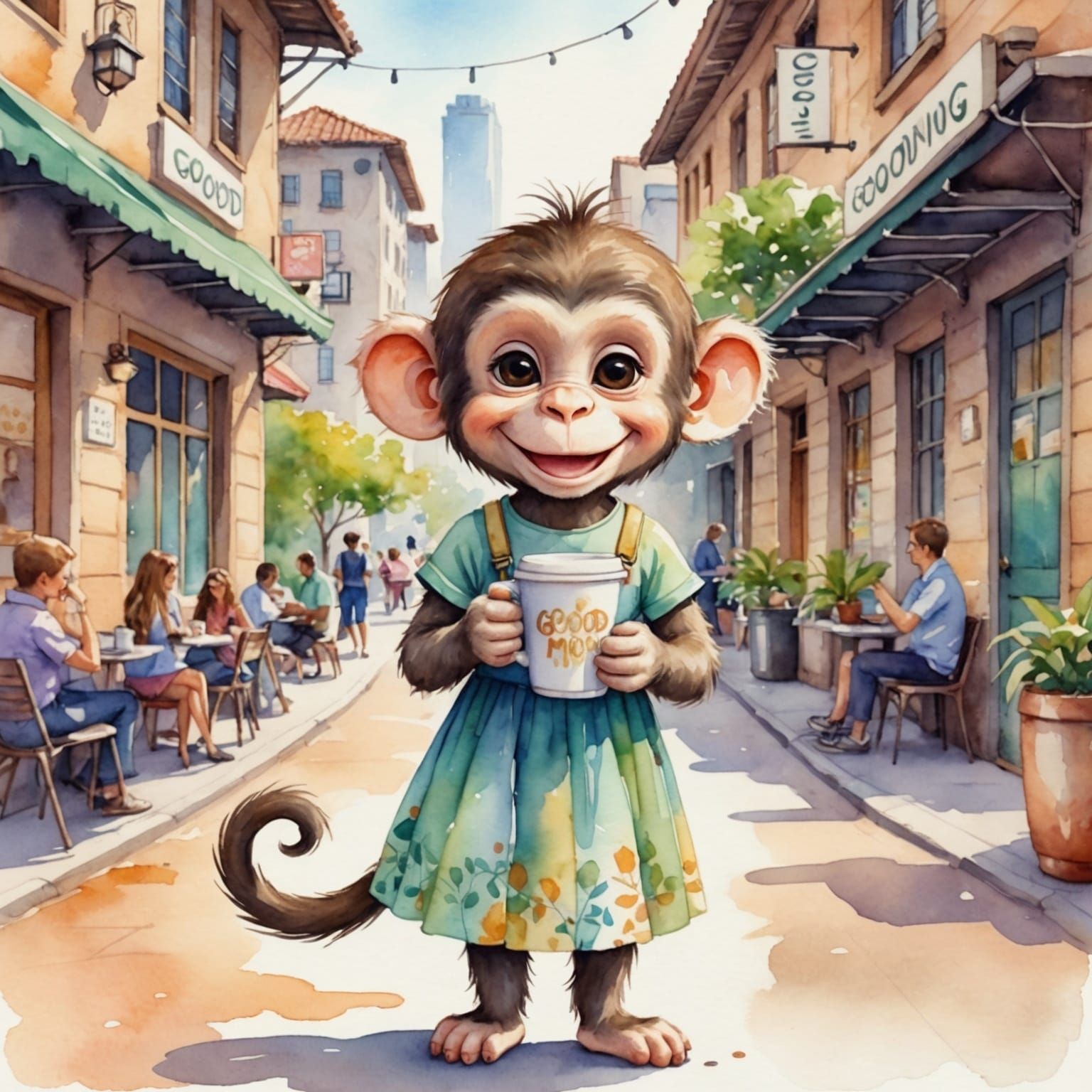Monkey in Dress at the Zoo, Watercolor Style
