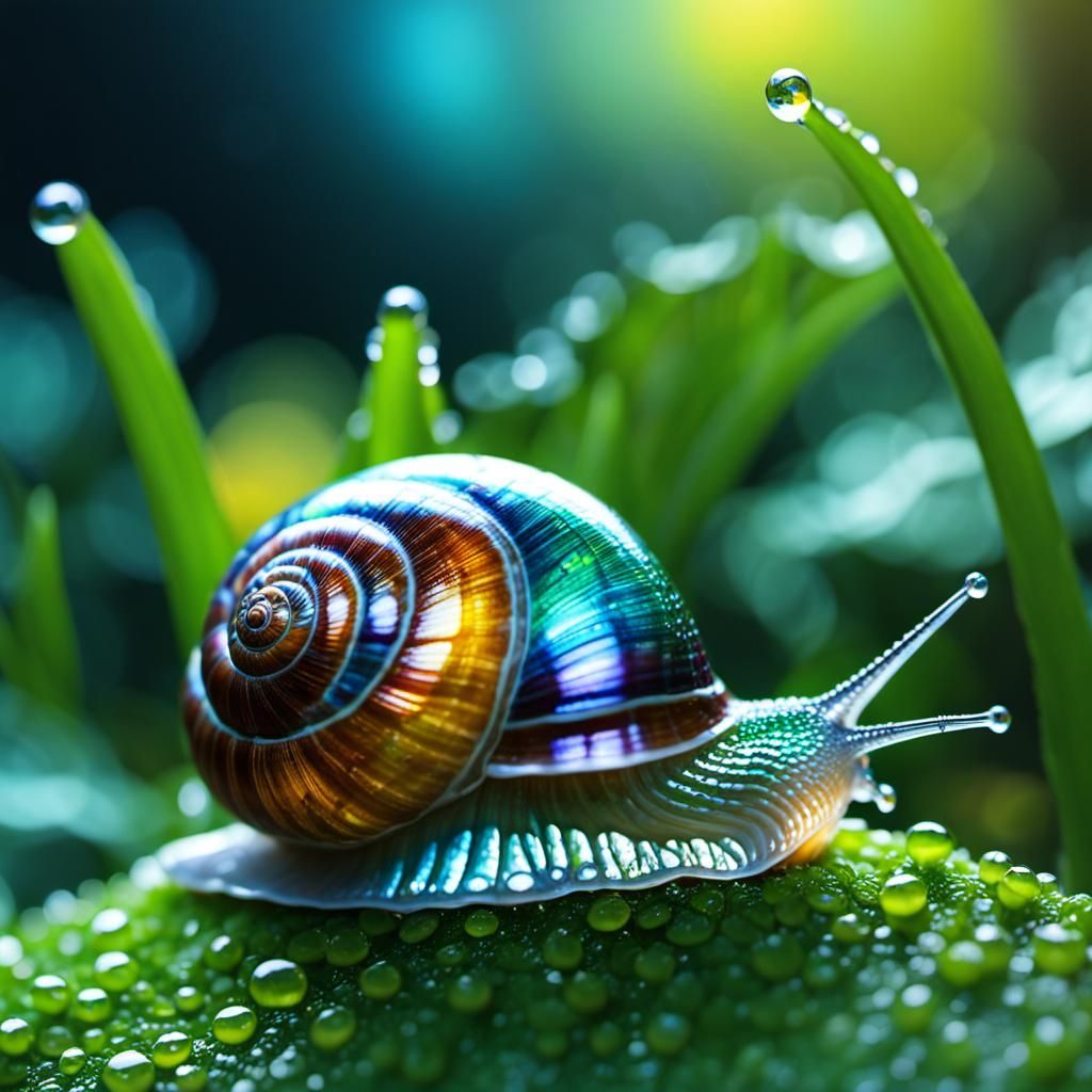Prismatic Snail Among Bioluminescent Flowers in Botanical Ga...