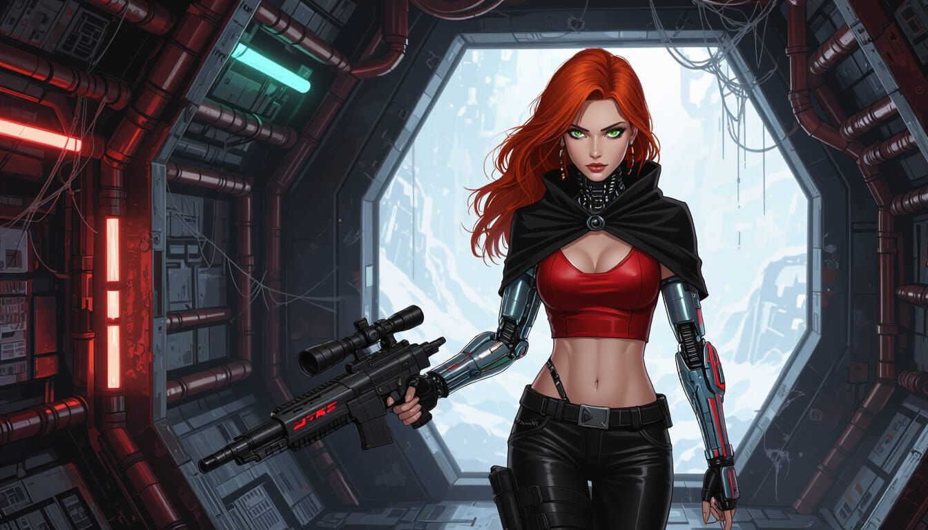 Seductive Woman with Cybernetic Arm in Dark Sci-Fi Hall