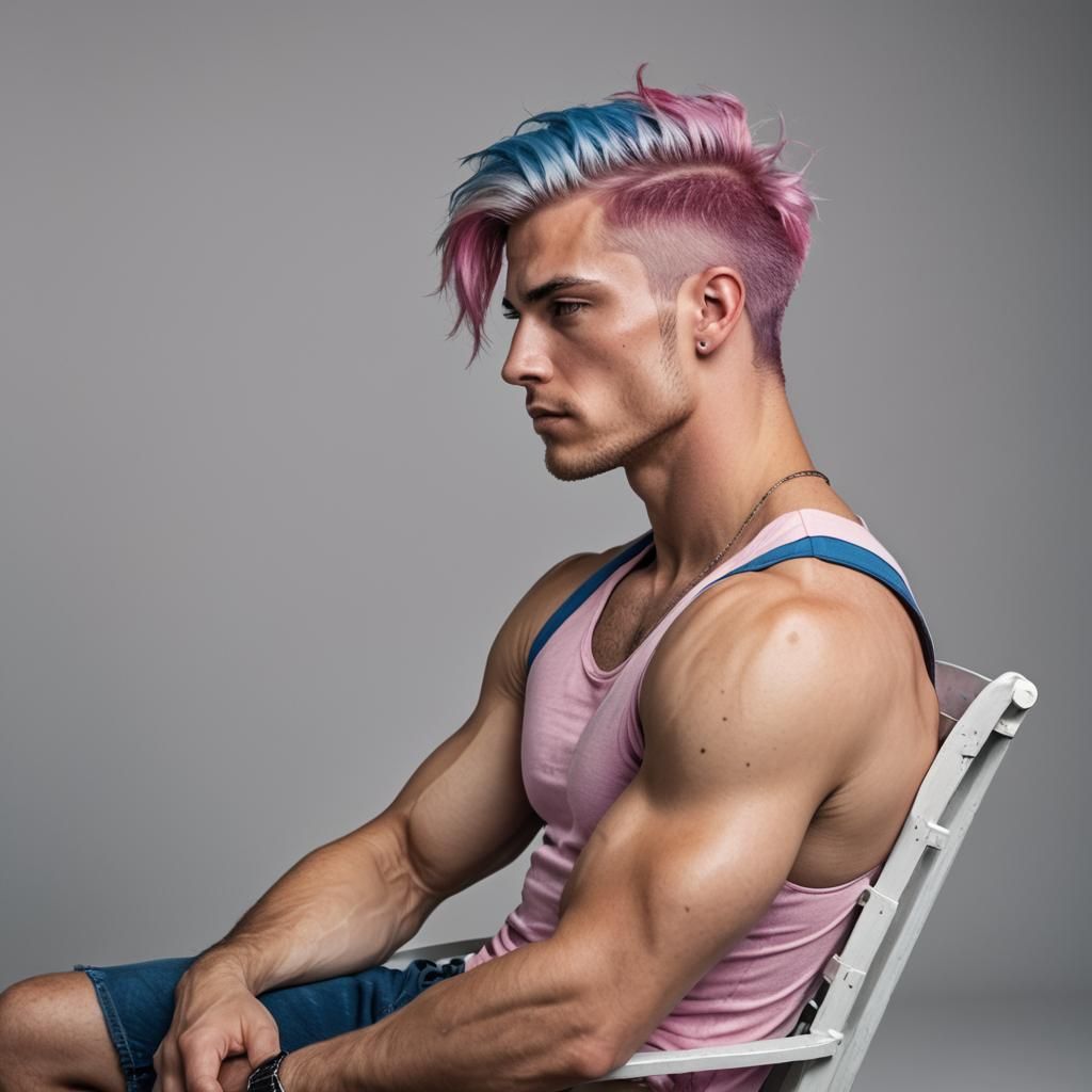 Hyperrealistic Portrait of Muscular Man with Blue Hair
