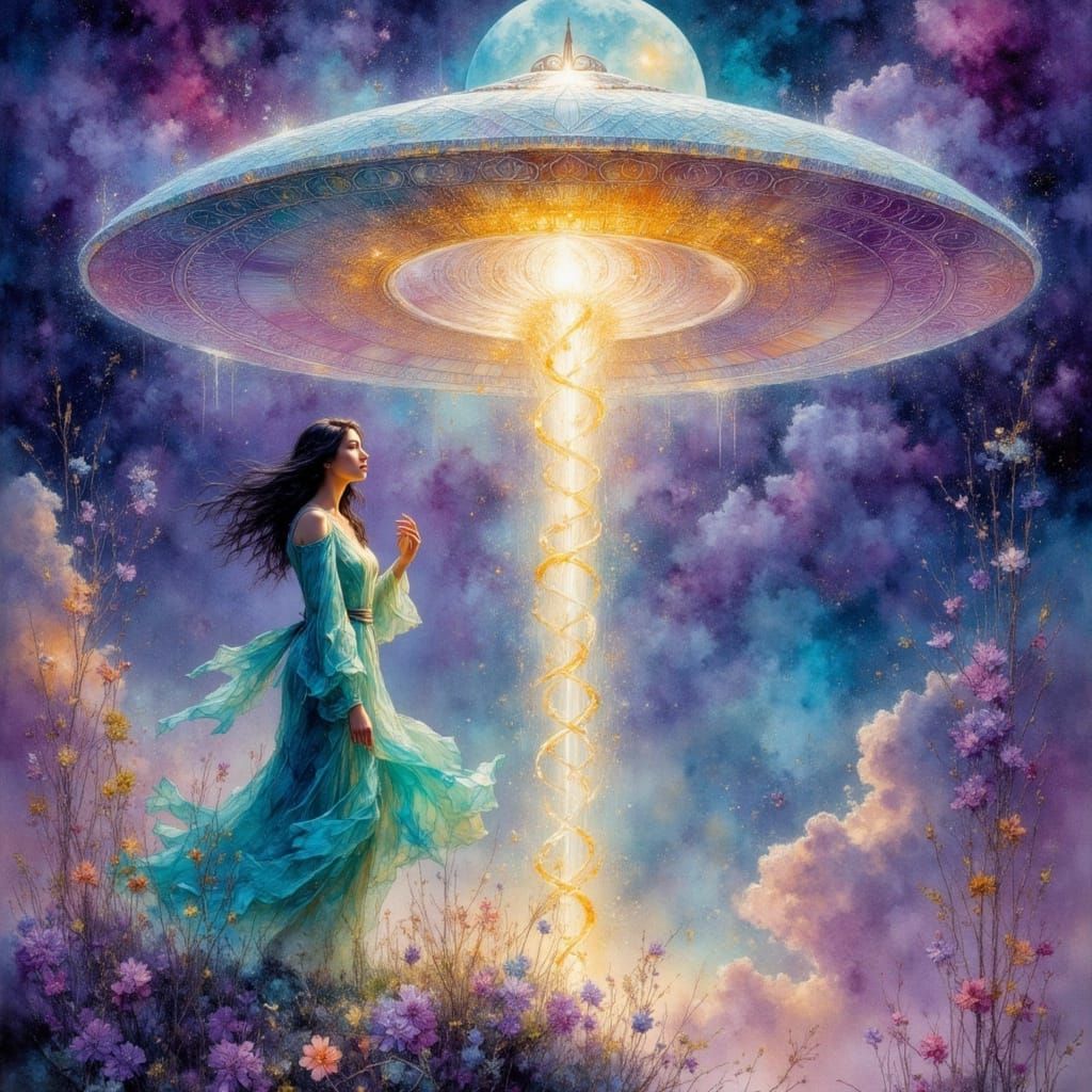 Woman Gazing at Spaceship with Mandala, Impressionist Style