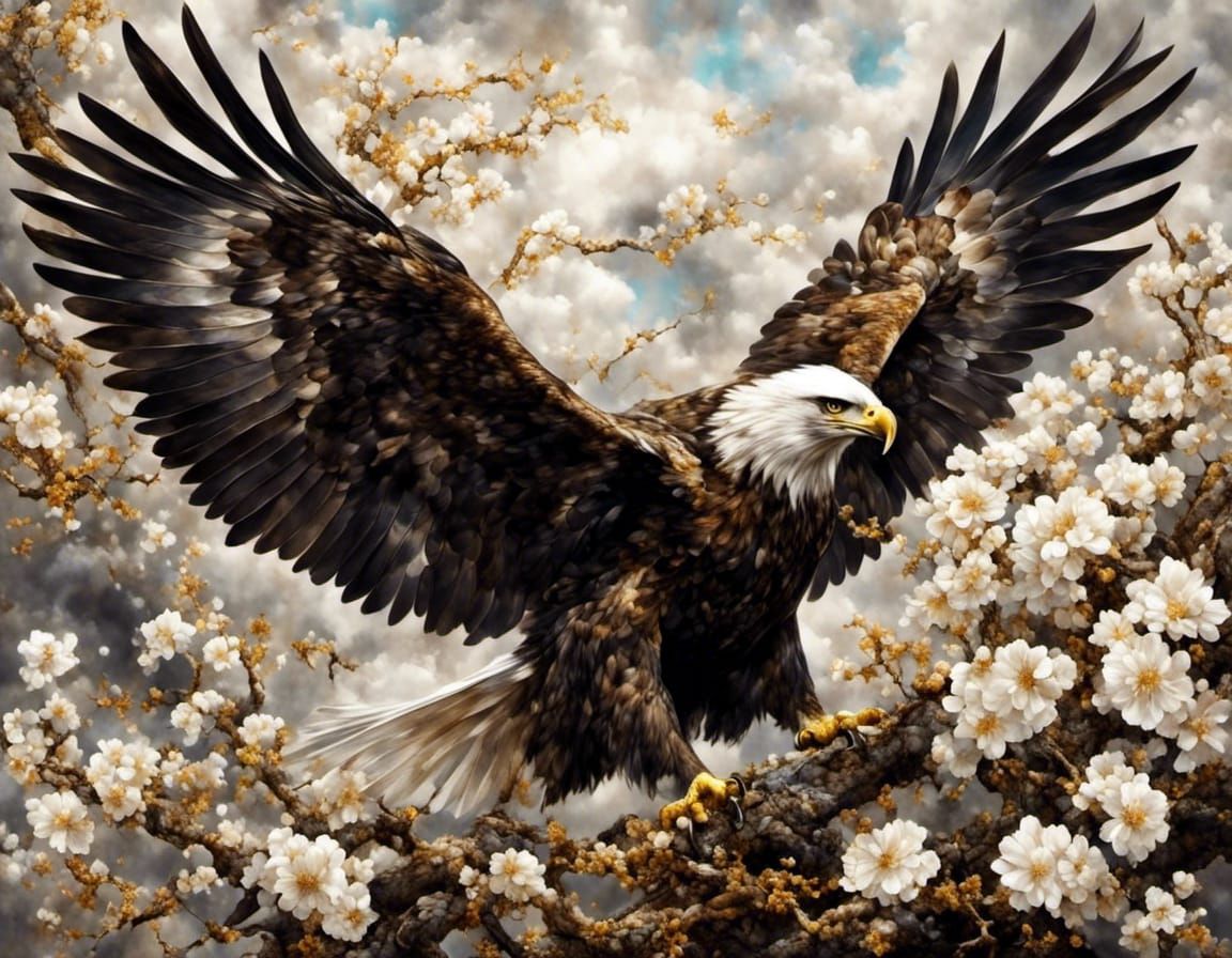 Golden Eagle with Flowers in Hyperreal Style