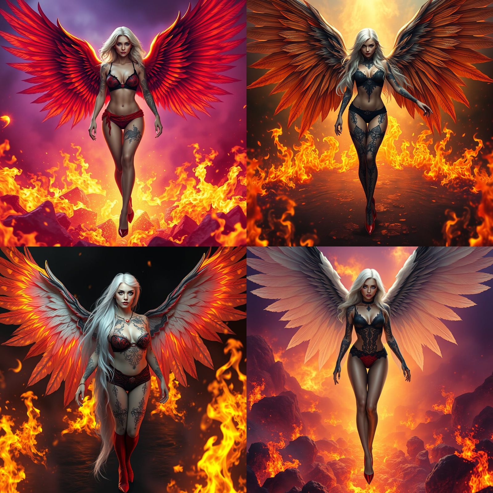 Tattooed Woman Walking Through Fire, Dark Fantasy Art