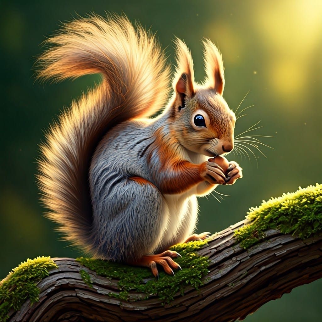 Fluffy Squirrel in Sun-Dappled Forest
