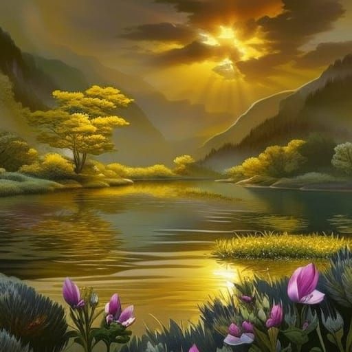 Golden Flowers in a Fantasy Watercolor Landscape