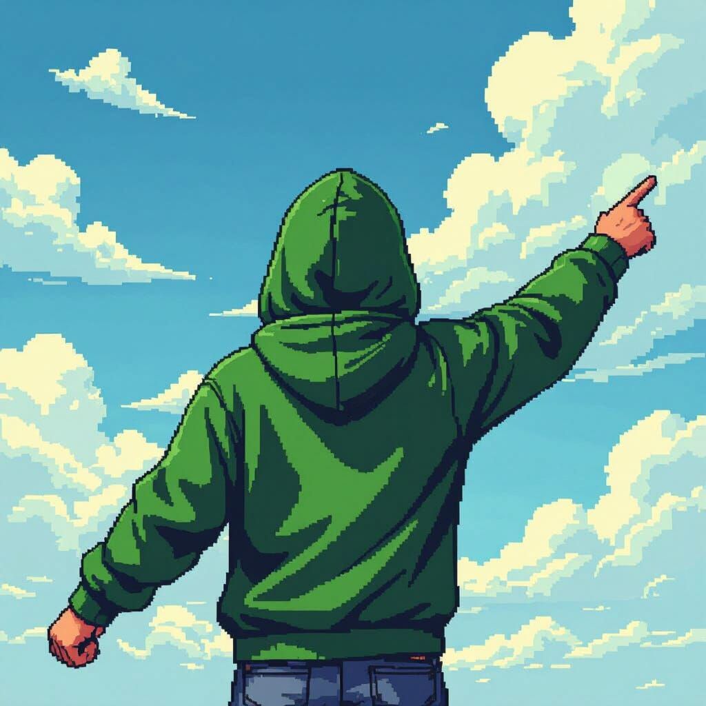 Pixel Art: Man in Hoodie Points to Sky