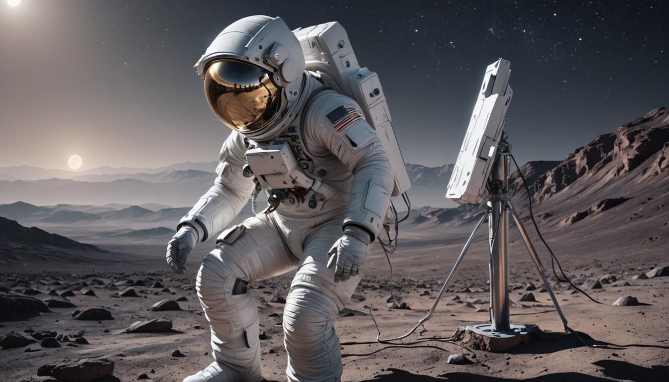 Astronaut Works on Moon Base in Futuristic Spacesuit