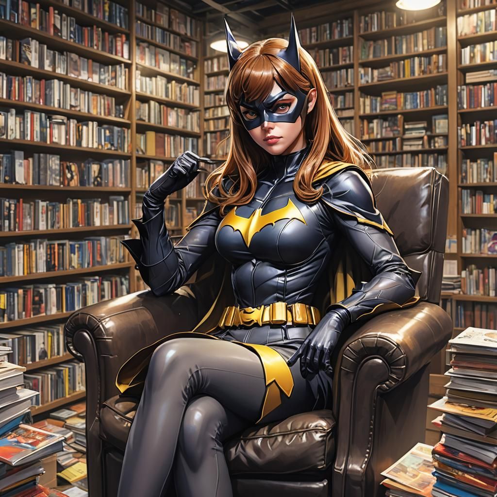 Batgirl is reading books in a bookstore, in a comfortable ar...