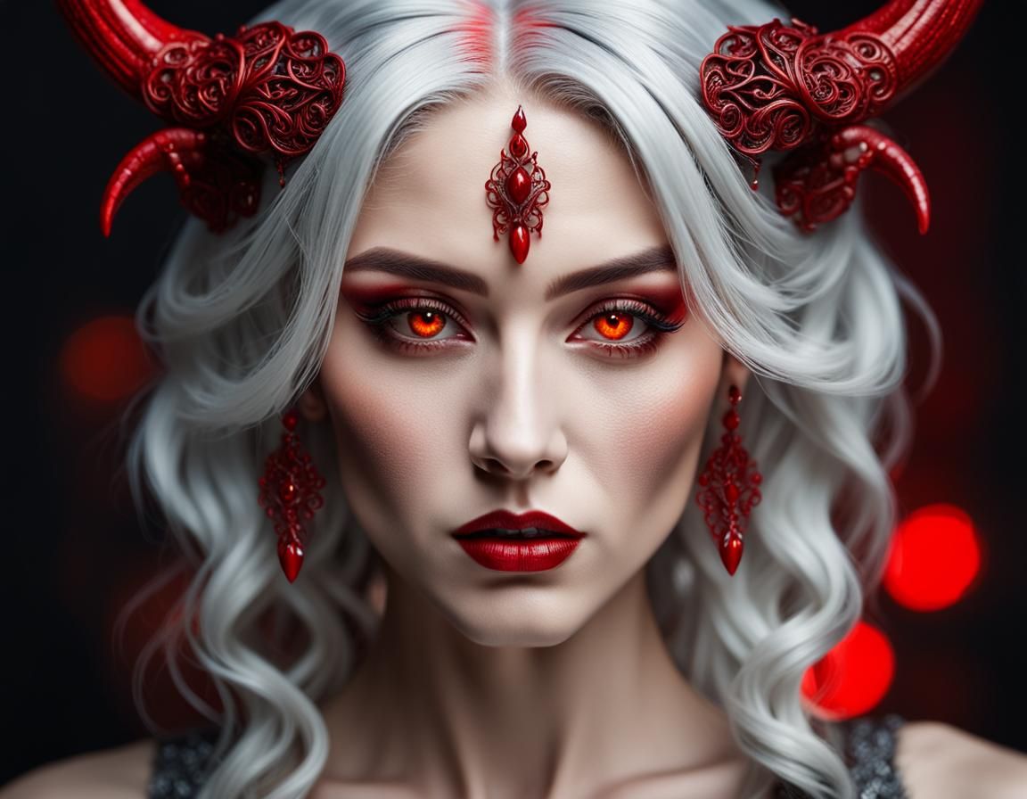 Hyperrealistic Portrait of a Woman with Red Horns