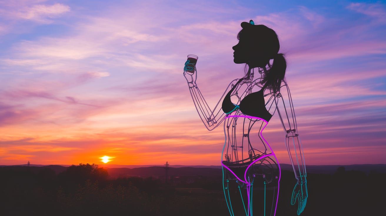 Neonpunk Sunset Silhouette of a Woman with a Transparent Bod...