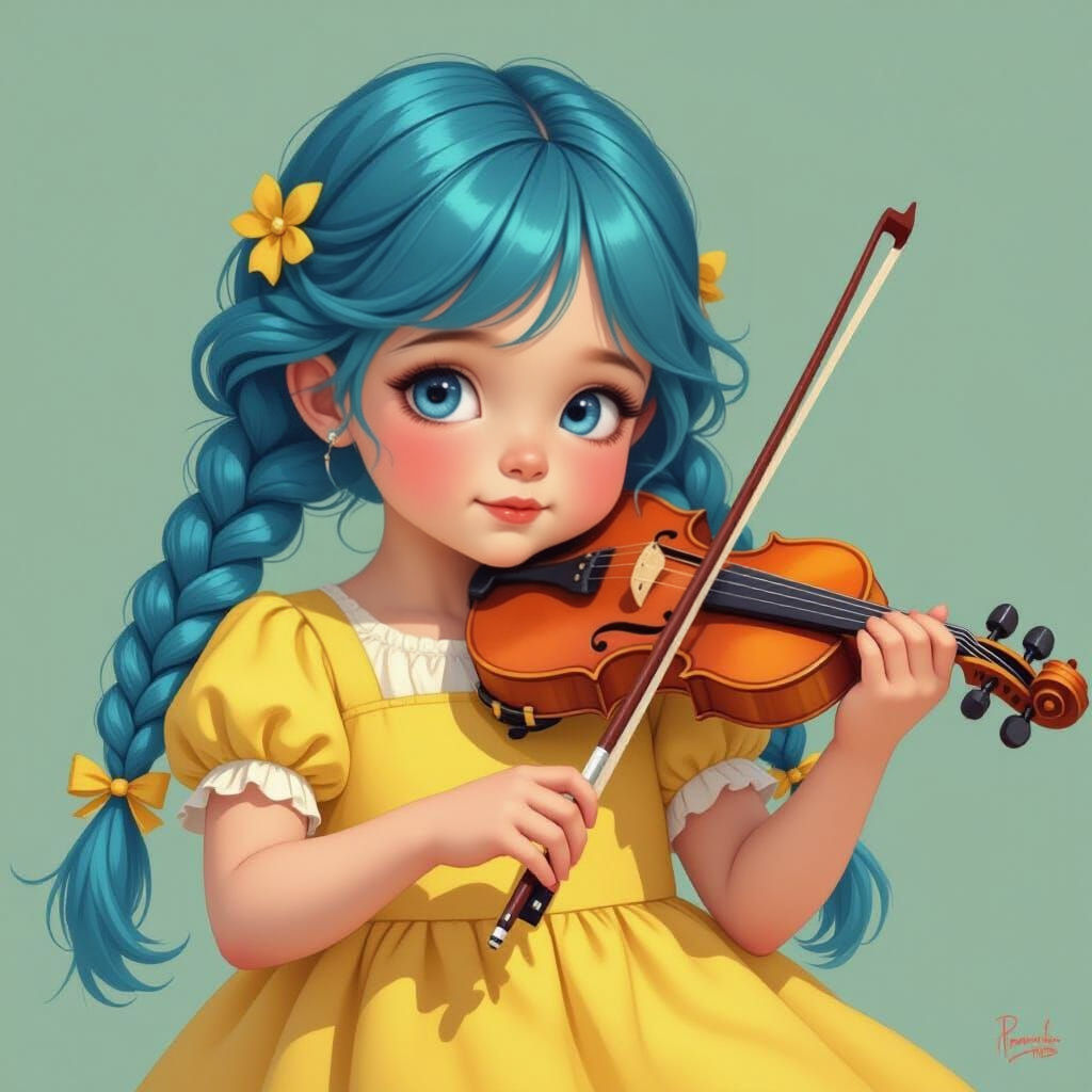 Blue-Haired Girl Plays Violin