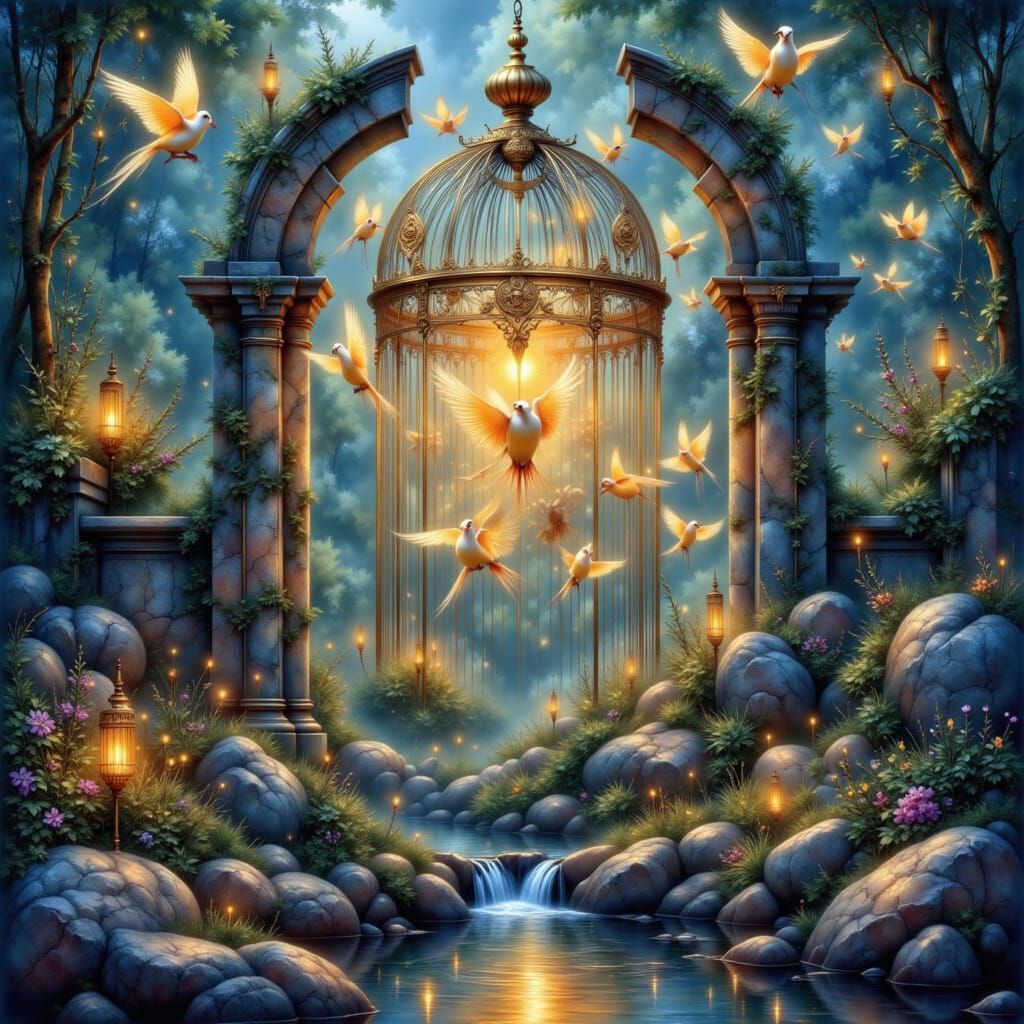 Luminous Birds Escape Ancient Birdcage, Symbolizing Freedom