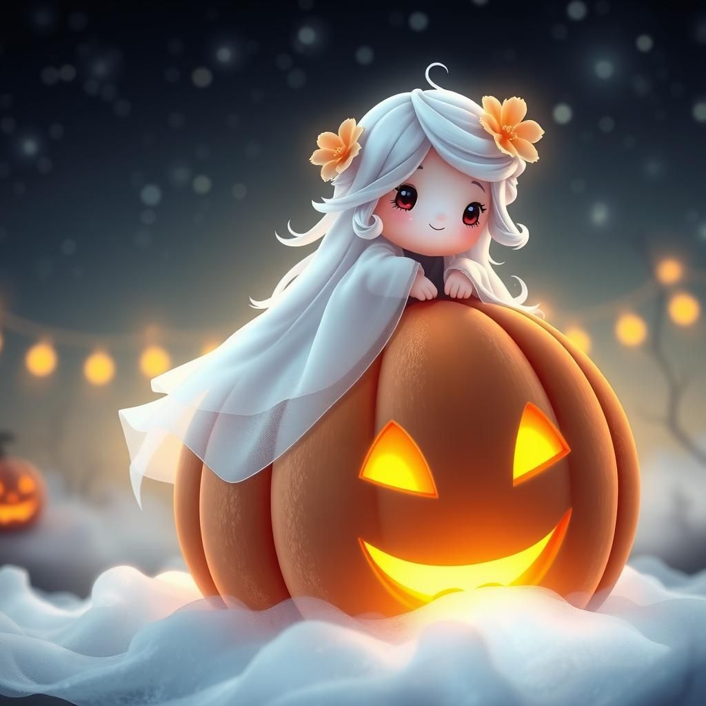 Cute Ghost on Pumpkin in Dreamlike CGI Style