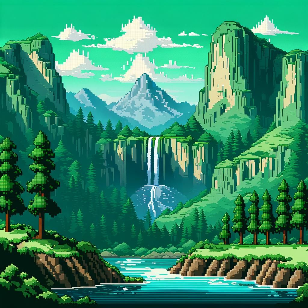 Serene Valley in Pixel Art Landscape