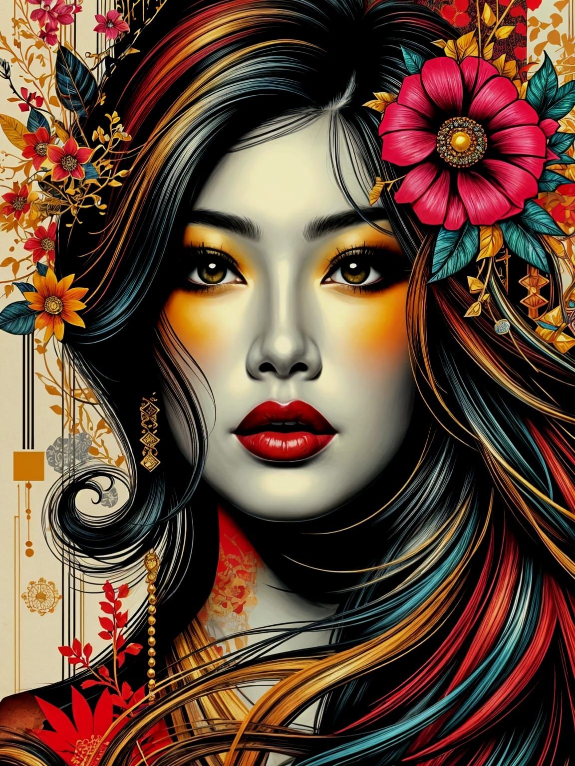 80s Pop Art Queen Portrait with Geometric Shapes