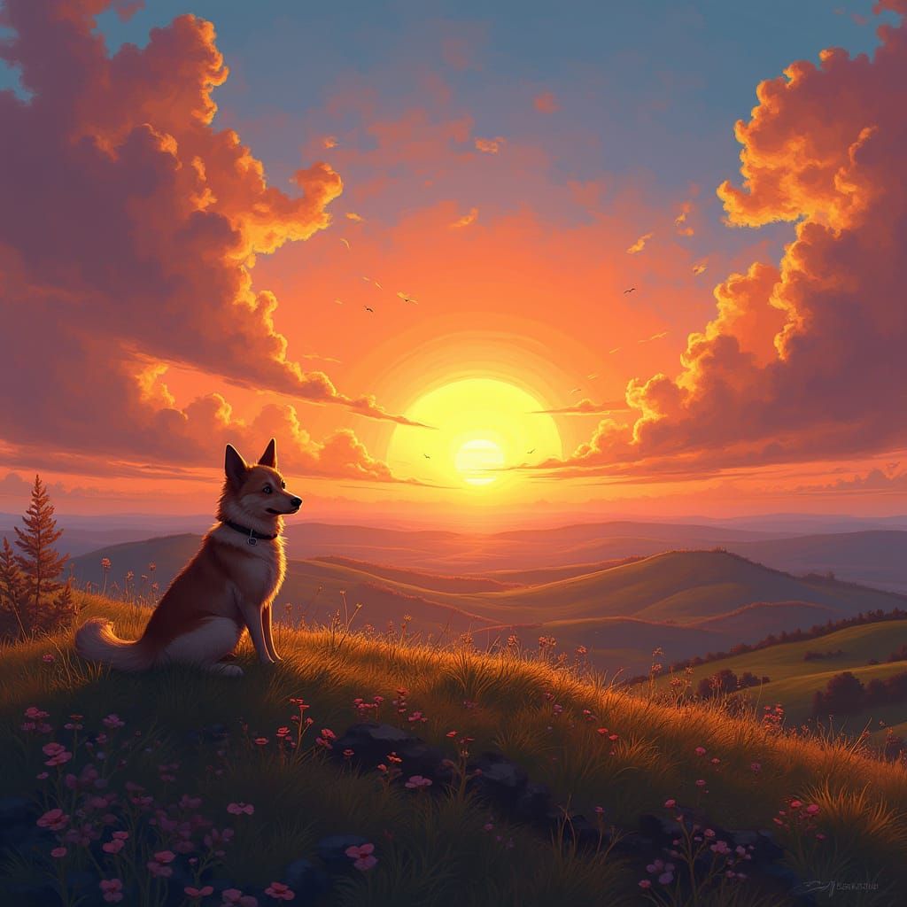Dog Watches Sunset: Digital Art