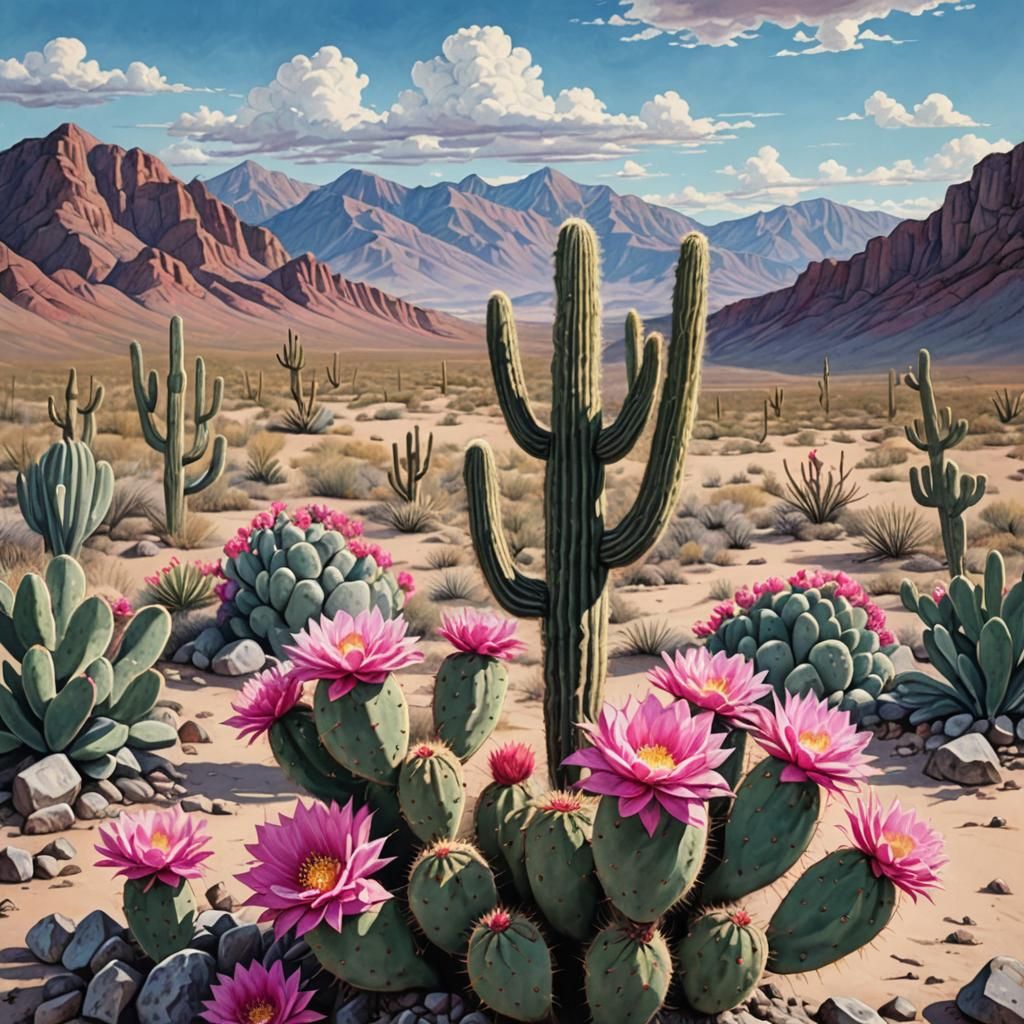 Desert Cactus with Pink Flowers: Charcoal Drawing