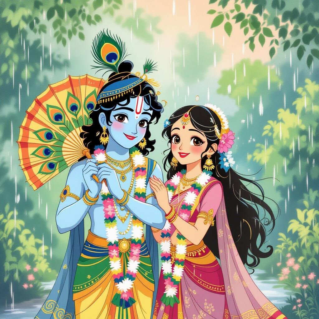 Krishna and Radha in Ghibli Animation Style