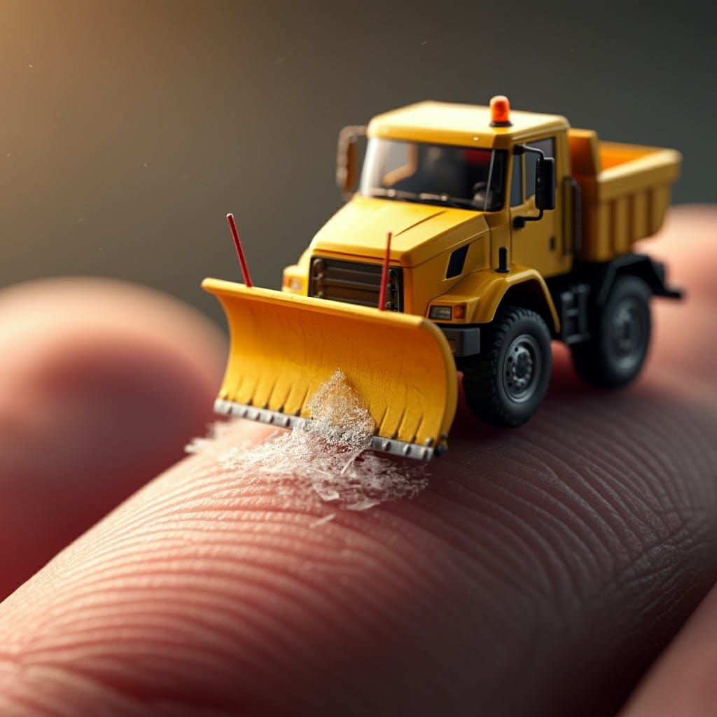 Miniature Snowplow on Human Finger: Macro Photography