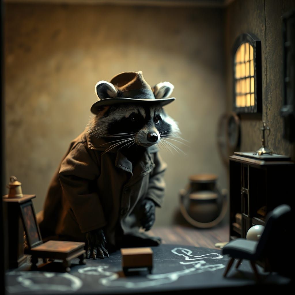 Raccoon Detective Investigates Dollhouse Crime Scene